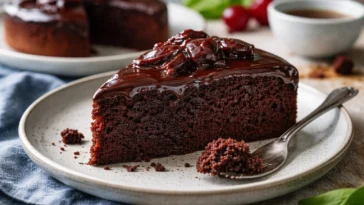 Saftiger Schokokuchen mit reichhaltiger Schokoladenglasur und Feuchtigkeit.