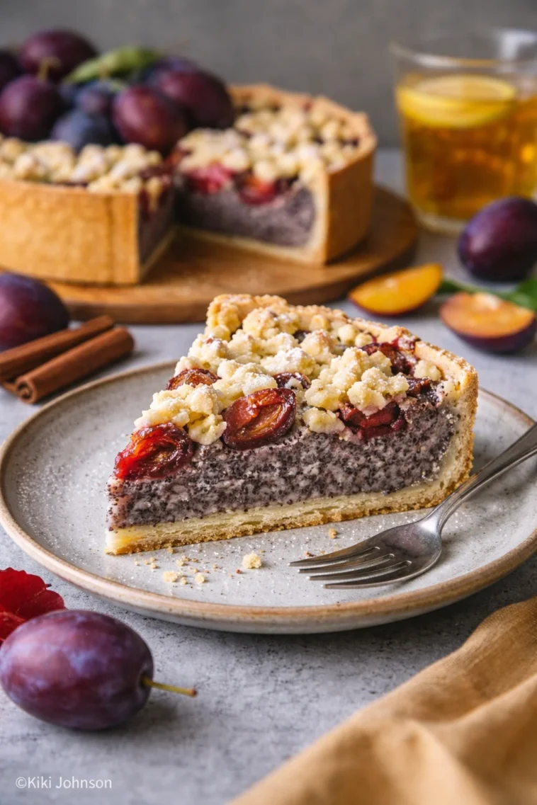 Saftiger Zwetschgen Mohnkuchen mit Pudding und Streuseln auf einem Teller