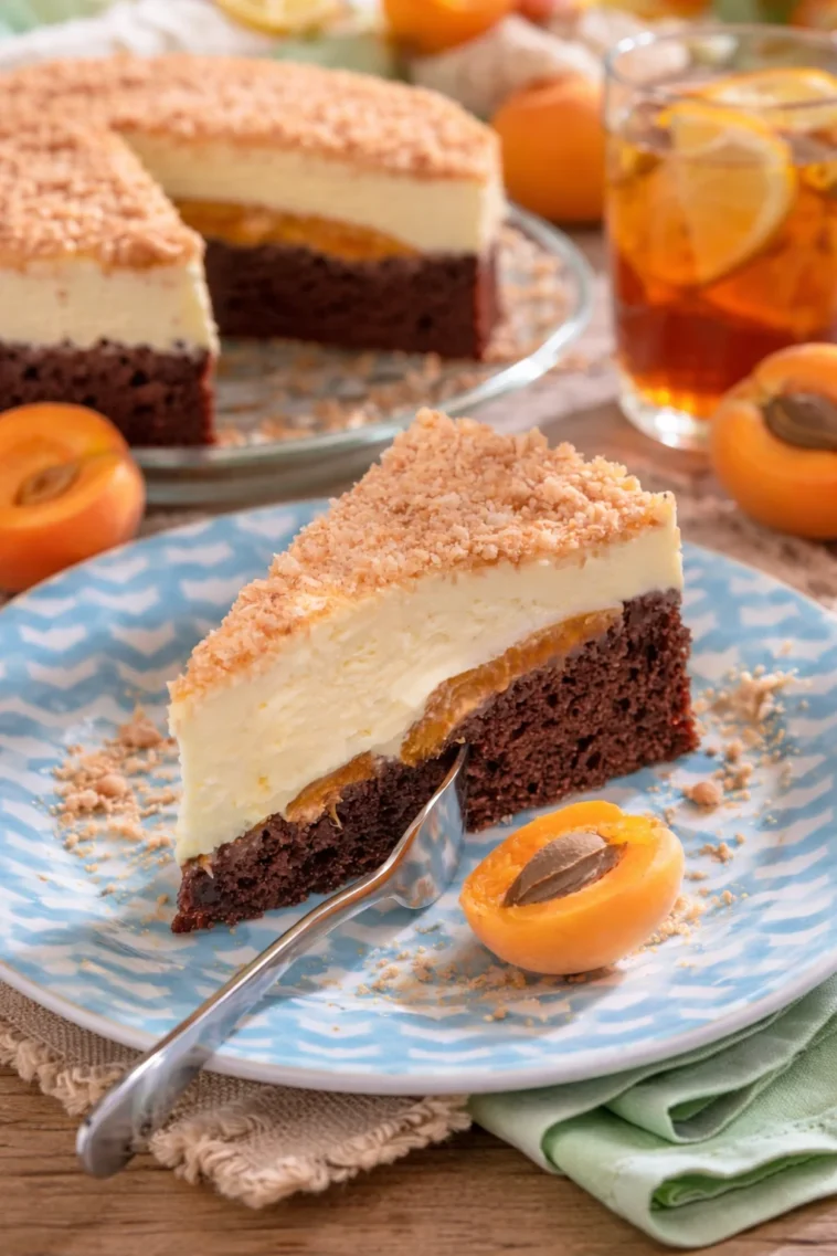 Sägespänetorte mit Aprikosen auf einem Teller serviert.