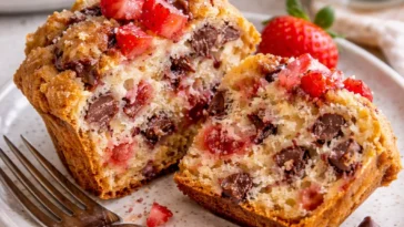 Köstliche Sauerteig-Schokoladenstückchen-Erdbeermuffins auf einem Tisch