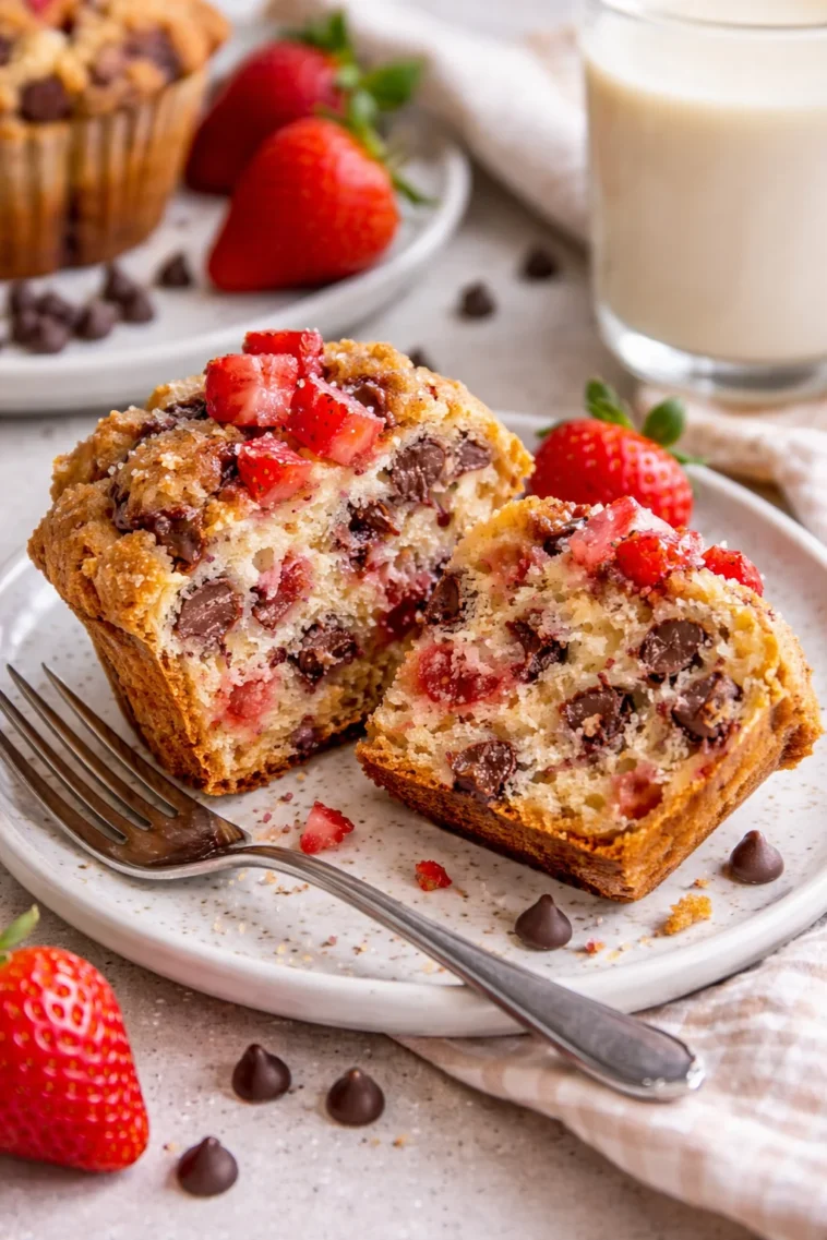 Köstliche Sauerteig-Schokoladenstückchen-Erdbeermuffins auf einem Tisch