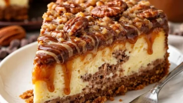 Schildkröte Fudge Brownie Käsekuchen auf einem Teller serviert