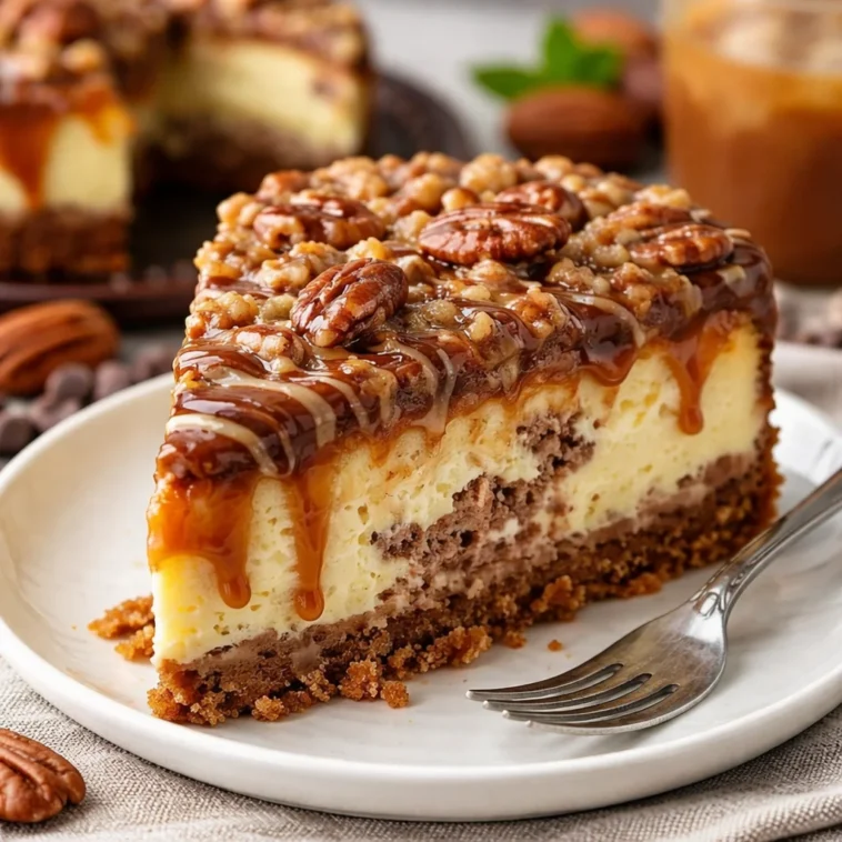 Schildkröte Fudge Brownie Käsekuchen auf einem Teller serviert