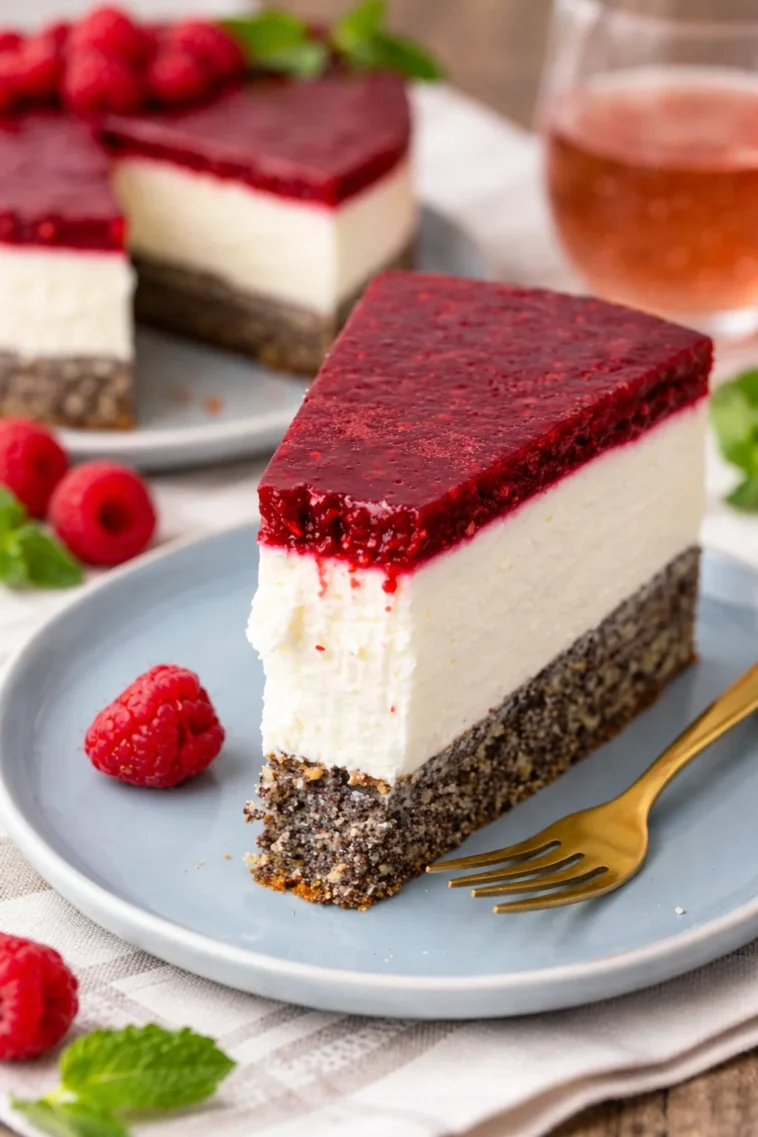 Schneewittchen Torte mit Himbeer, Mohn und Topfen auf einem dekorativen Teller