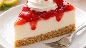 No-Bake Erdbeer-Käsekuchen-Becher auf einem Tisch dekoriert mit frischen Erdbeeren