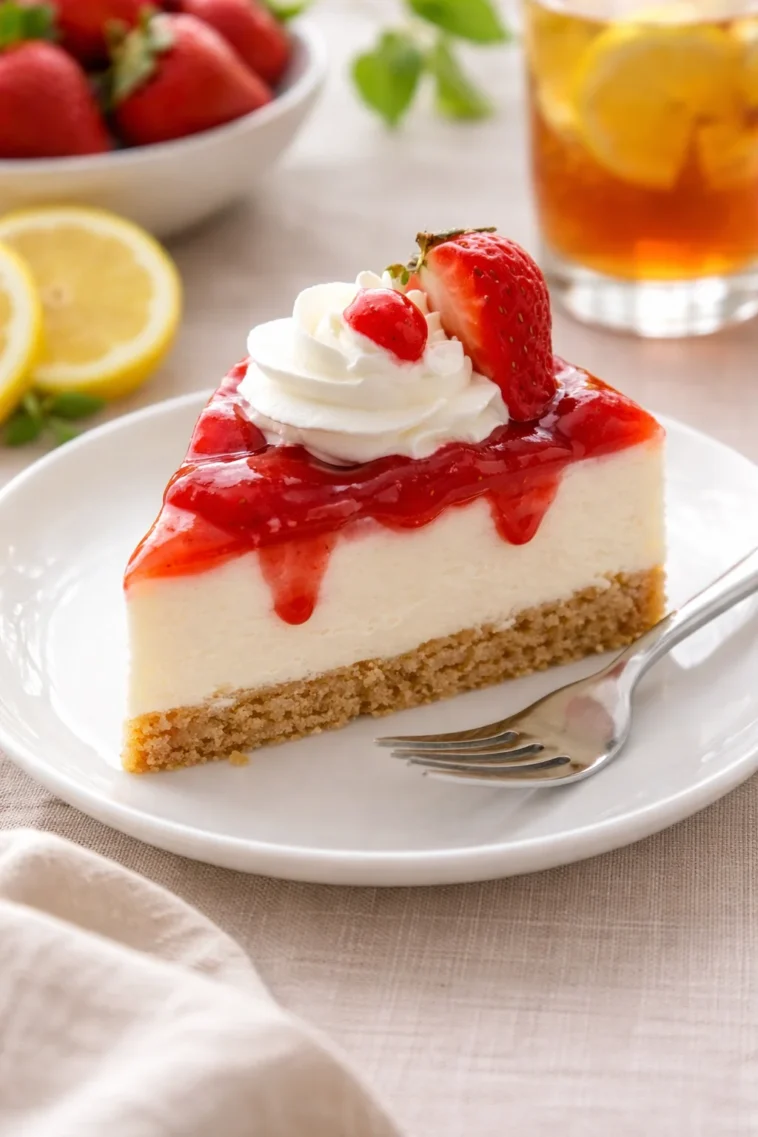 No-Bake Erdbeer-Käsekuchen-Becher auf einem Tisch dekoriert mit frischen Erdbeeren