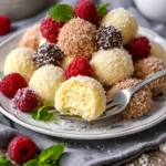 Schnelle Käsekuchen-Kugeln auf einem Teller, perfekt für süße Snacks.