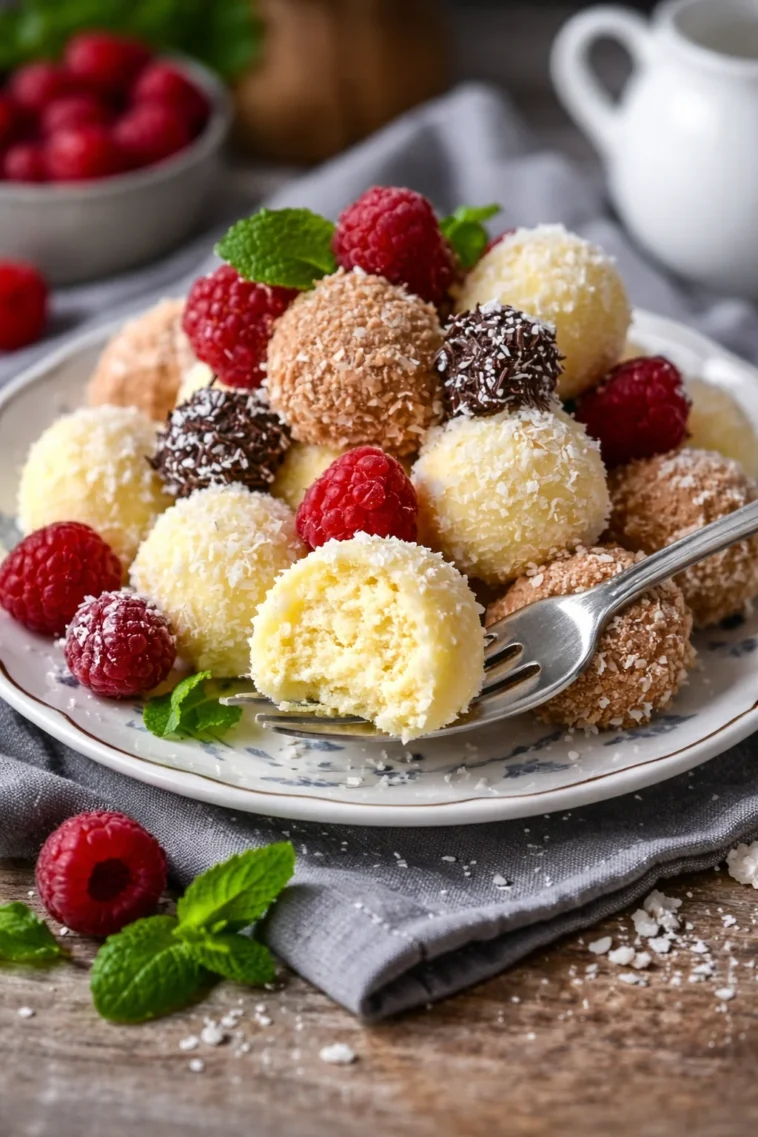 Schnelle Käsekuchen-Kugeln auf einem Teller, perfekt für süße Snacks.