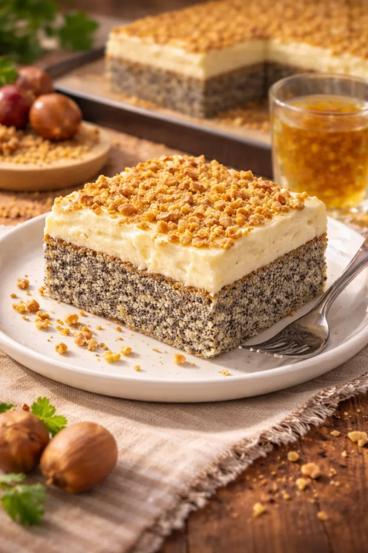 Schneller Mohnkuchen ohne Boden mit Paradiescreme auf einem Teller.