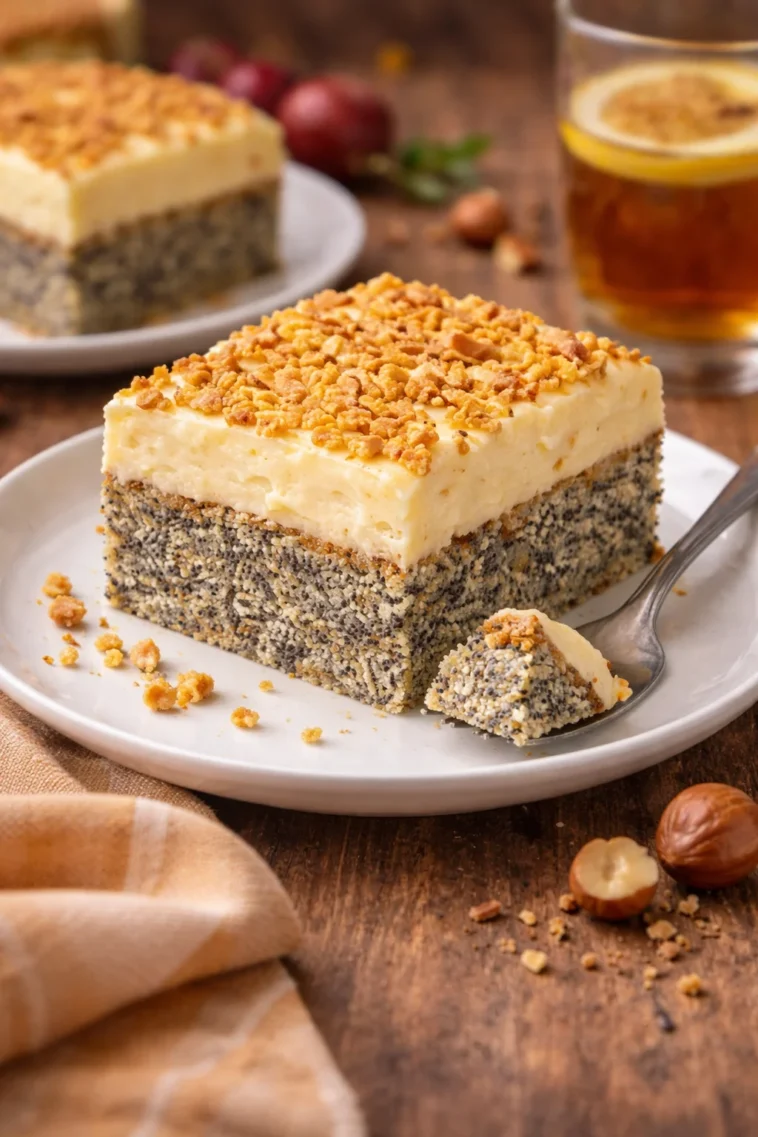 Schneller Mohnkuchen ohne Boden mit Paradiescreme auf einem Teller