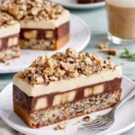 Schoko-Bananen-Torte Stück auf einem Teller mit Bananen und Schokoladensauce