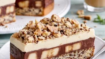 Schoko-Bananen-Torte Stück auf einem Teller mit Bananen und Schokoladensauce