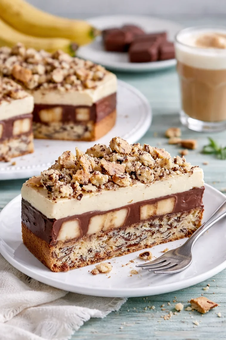 Schoko-Bananen-Torte Stück auf einem Teller mit Bananen und Schokoladensauce