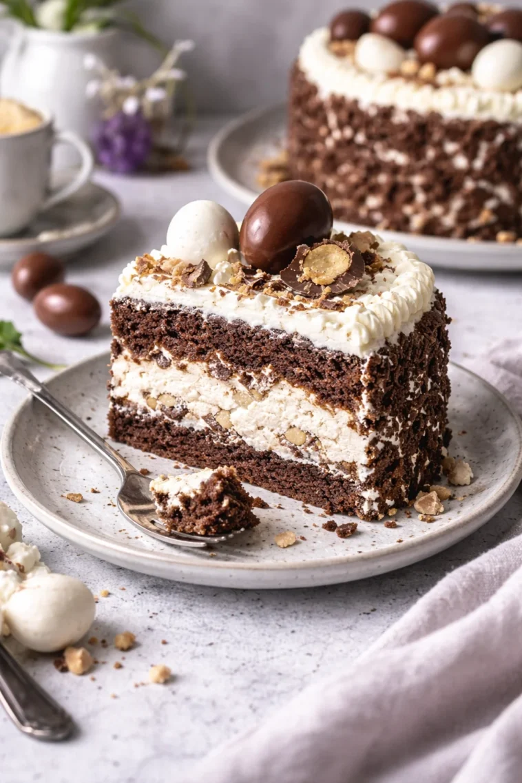 Schoko Bon Torte dekoriert für Ostern mit bunten Eiern