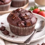 Schoko Muffins auf einem Teller, garniert mit Schokoladensplittern