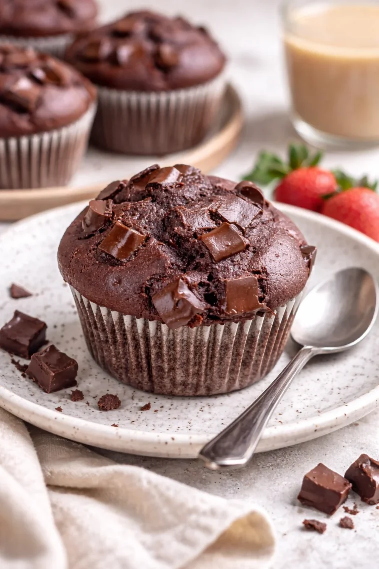 Schoko Muffins auf einem Teller, garniert mit Schokoladensplittern