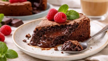 Schokokuchen mit flüssigem Kern auf einem Teller garnished mit frischen Beeren