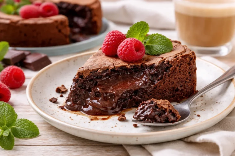 Schokokuchen mit flüssigem Kern auf einem Teller garnished mit frischen Beeren