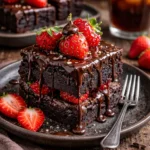 Schokoladen-Brownies mit Erdbeeren und Ganache auf einem Teller