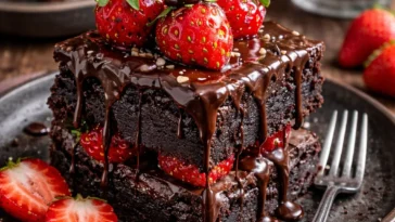 Schokoladen-Brownies mit Erdbeeren und Ganache auf einem Teller