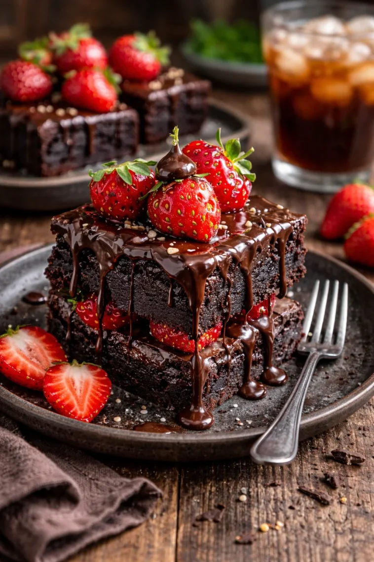 Schokoladen-Brownies mit Erdbeeren und Ganache auf einem Teller