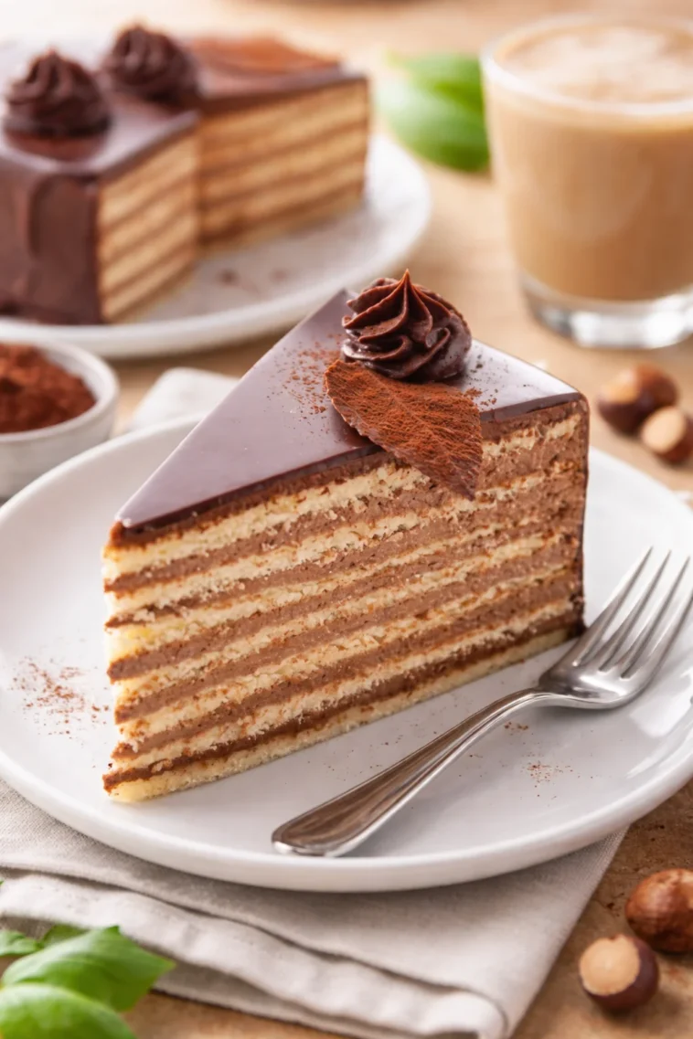 Himmlische Schokoladen Buttercreme Torte mit reicher Schokoladendekoration.