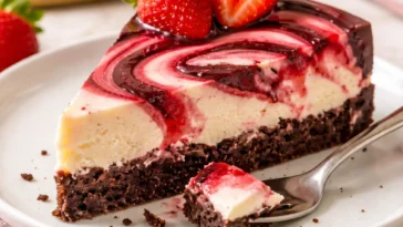 Schokoladen-Erdbeer-Schichtkäsekuchen mit Ganache auf einem Teller