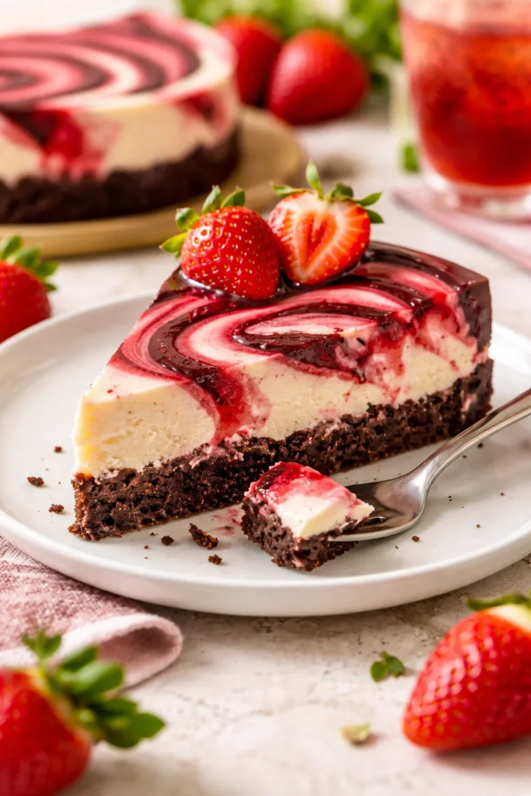Schokoladen-Erdbeer-Schichtkäsekuchen mit Ganache auf einem Teller
