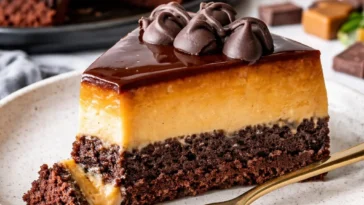 Leckerer Schokoladen-Flan-Kuchen mit reichem Schokoladengeschmack und cremiger Textur.