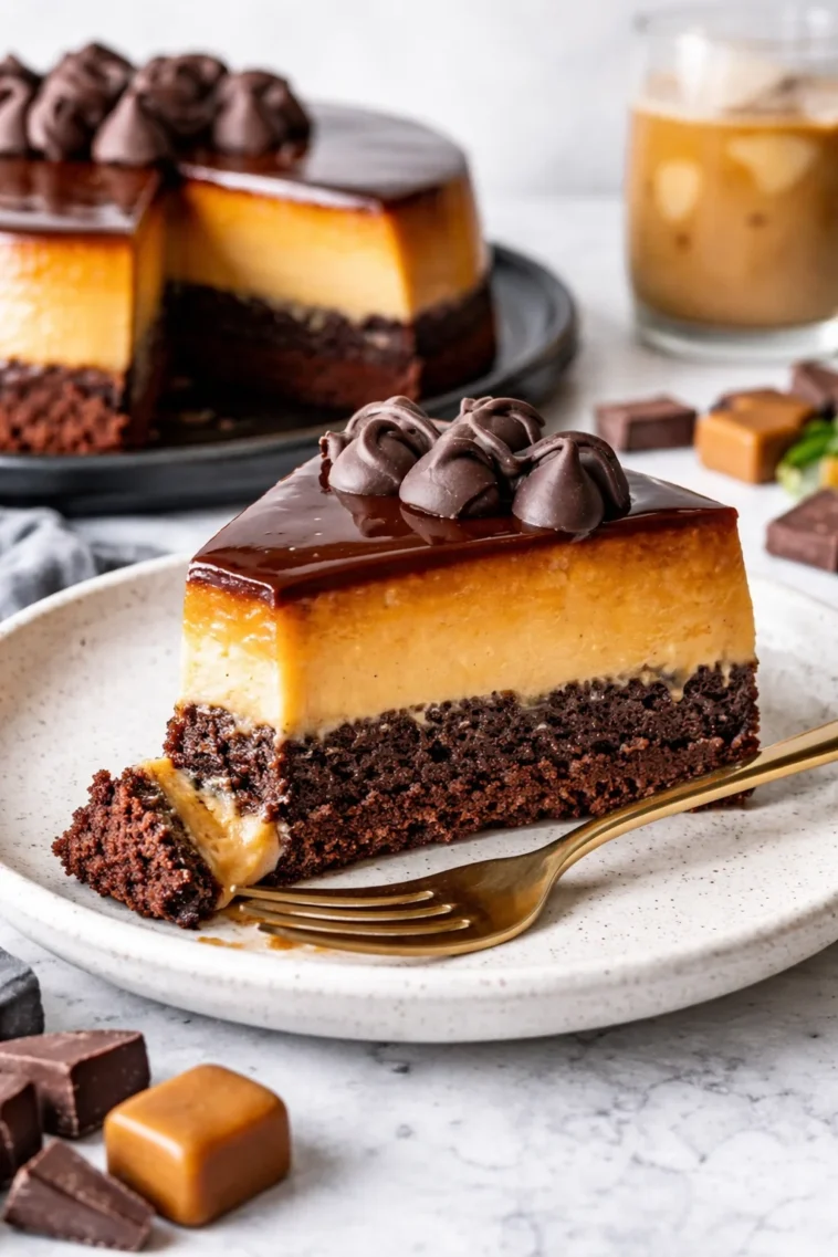 Leckerer Schokoladen-Flan-Kuchen mit reichem Schokoladengeschmack und cremiger Textur.