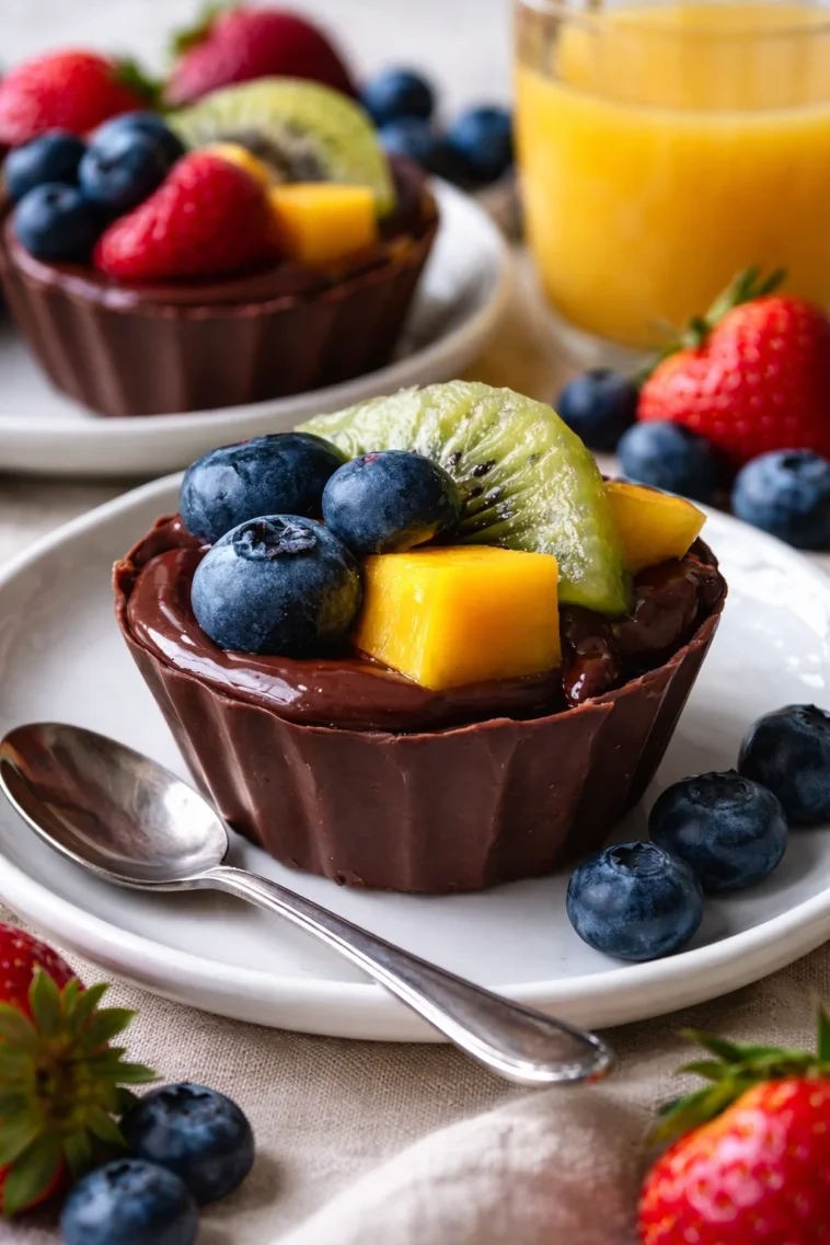 Schokoladen-Frucht-Blumentöpfe dekorativ und lecker.