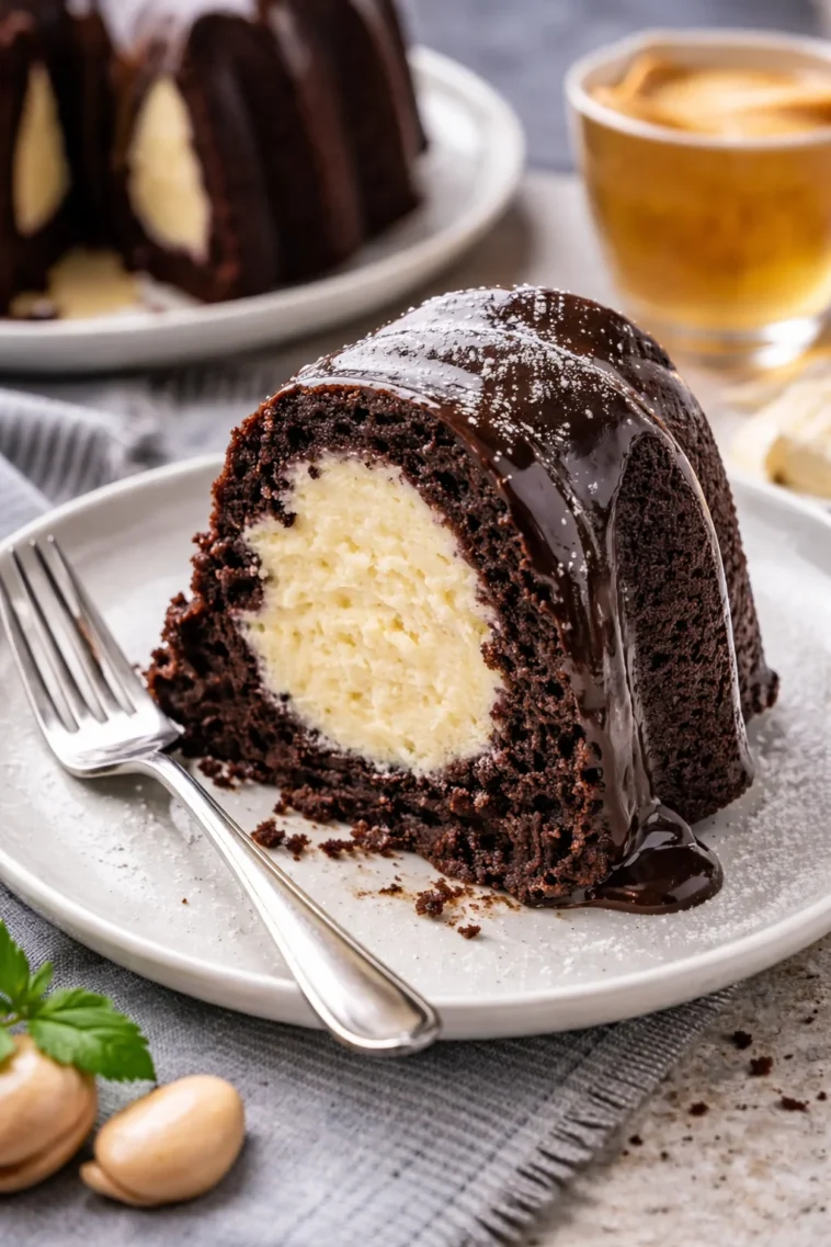 Schokoladen-Gugelhupf mit leckerer Cheesecake-Füllung auf einem Teller