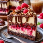 Schokoladen-Himbeer-Cheesecake-Krümelkuchen auf einem Teller präsentiert.