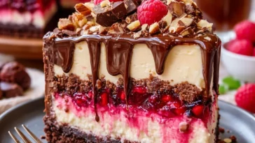 Schokoladen-Himbeer-Cheesecake-Krümelkuchen auf einem Teller präsentiert.