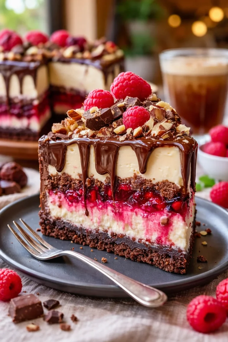 Schokoladen-Himbeer-Cheesecake-Krümelkuchen auf einem Teller präsentiert.