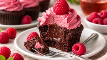 Schokoladen-Himbeer-Cupcakes mit frischen Himbeeren und Schokoladenglasur