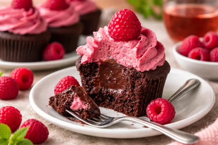 Schokoladen-Himbeer-Cupcakes mit frischen Himbeeren und Schokoladenglasur