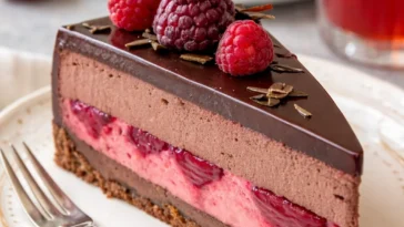 Schokoladen Himbeer Mousse Torte mit Himbeeren und Schokolade, perfekt für Desserts.