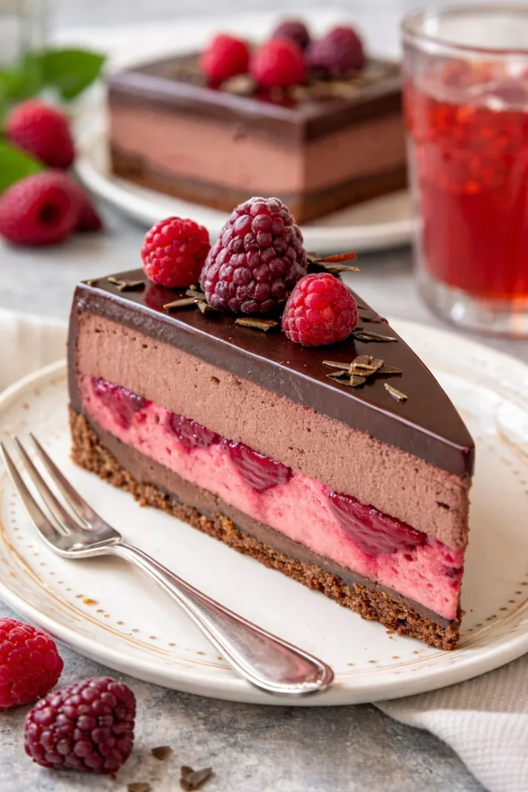 Schokoladen Himbeer Mousse Torte mit Himbeeren und Schokolade, perfekt für Desserts.