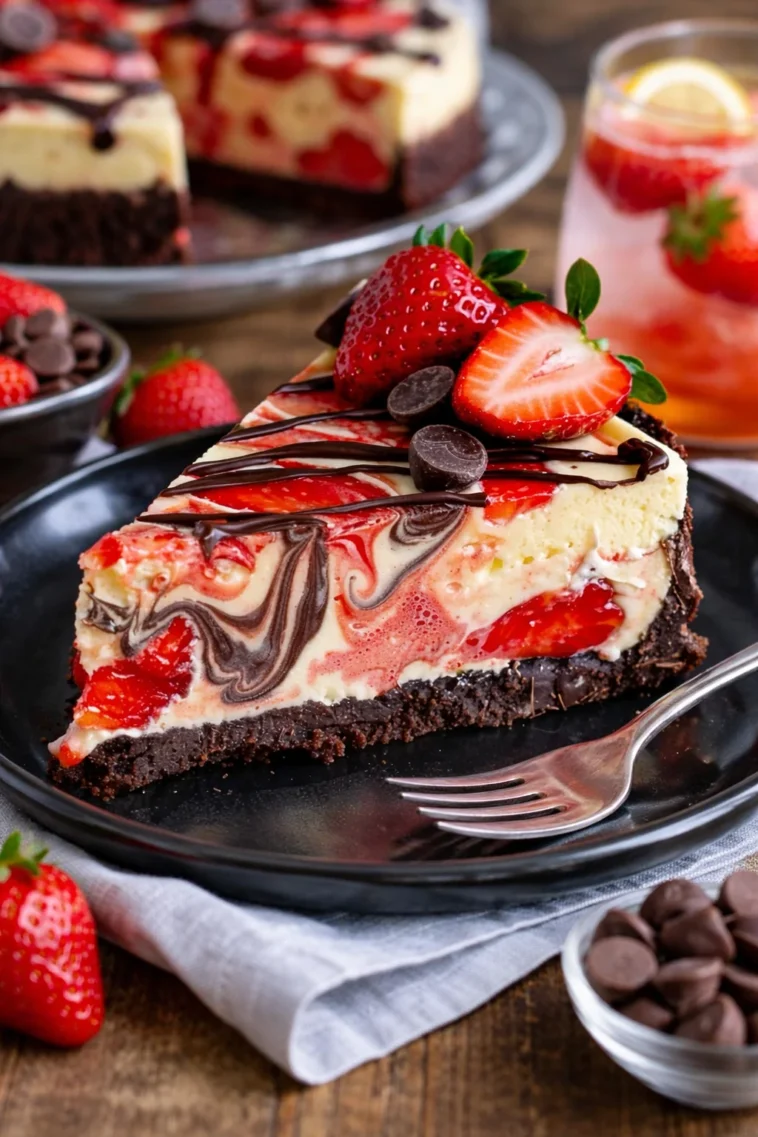 Schokoladen-Käsekuchen mit frischen Erdbeeren auf einem Teller.