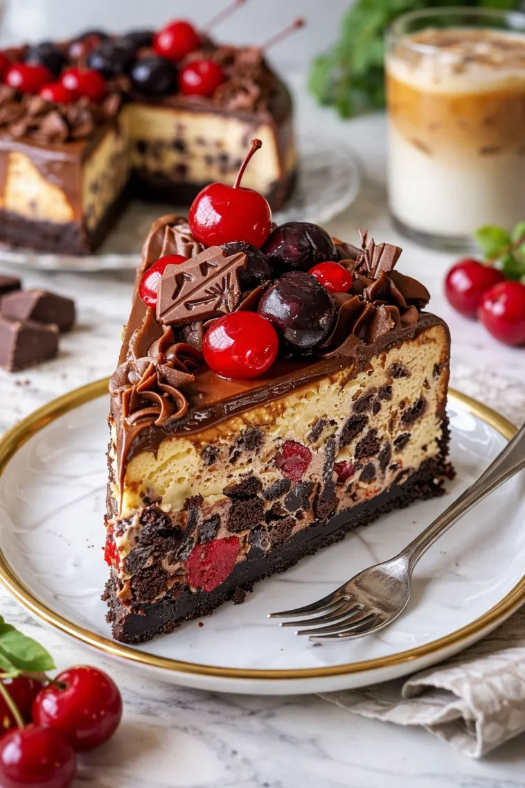 Schokoladen-Käsekuchen mit Kirschen und Pekannüssen auf einem Teller