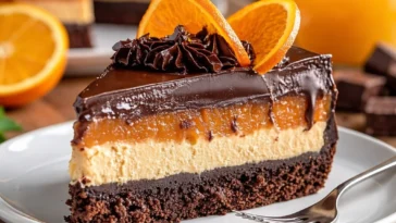 Schokoladen-Orange-Cheesecake dekoriert mit Schokoladenspiralen und Orangenscheiben