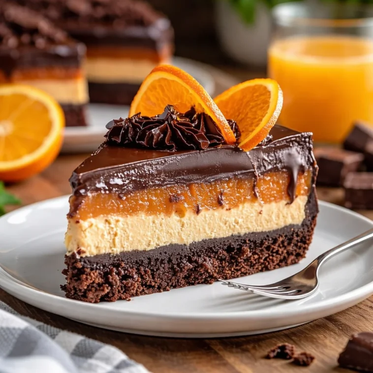 Schokoladen-Orange-Cheesecake dekoriert mit Schokoladenspiralen und Orangenscheiben
