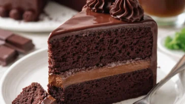 Saftiger Schokoladenkuchen mit Schokoladenglasur und frischen Früchten