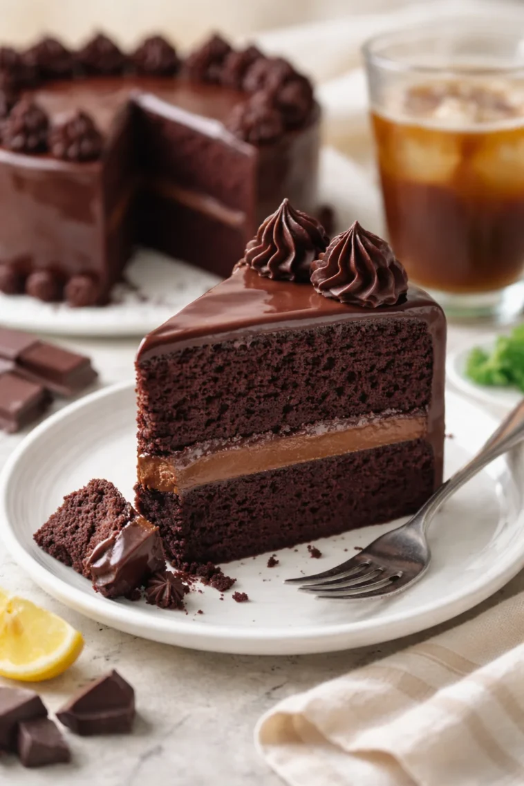 Saftiger Schokoladenkuchen mit Schokoladenglasur und frischen Früchten