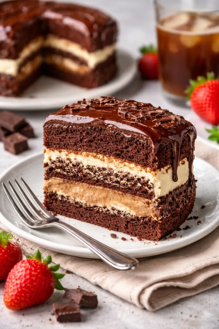 Schokoladenkuchen mit Frischkäsefüllung auf einem Tisch