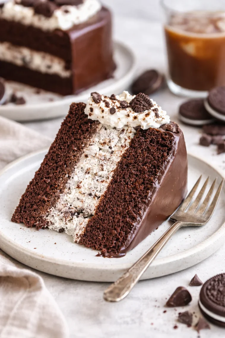Schokoladenkuchen mit Oreo-Creme-Käse auf einem Teller serviert