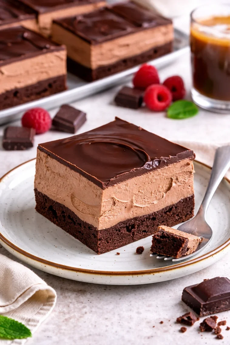 Leckere Schokoladenmousse Brownies auf einem Teller serviert