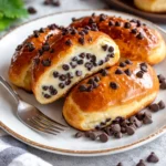 Leckere Schokoladenstückchen Vanillepudding Brioche auf einem Teller serviert