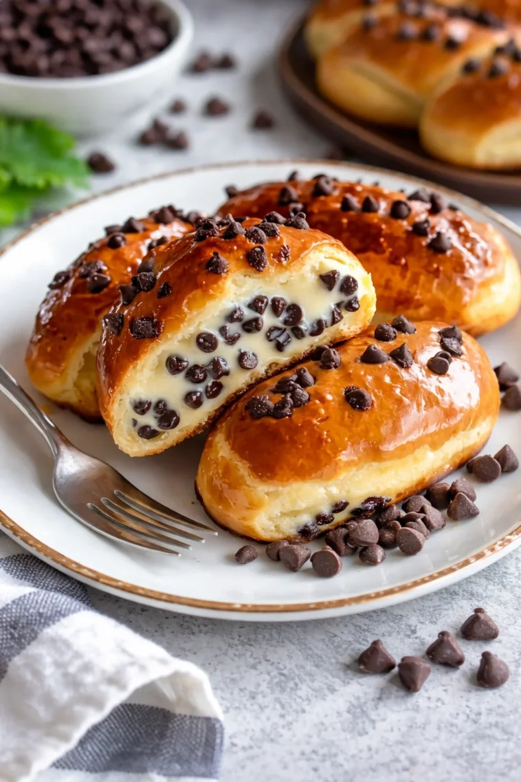 Leckere Schokoladenstückchen Vanillepudding Brioche auf einem Teller serviert
